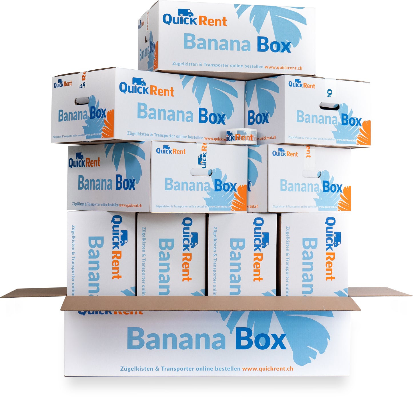 9 Bananen Box Zügelkartons, eine Big Banana Box und 40 Meter Klebeband für
